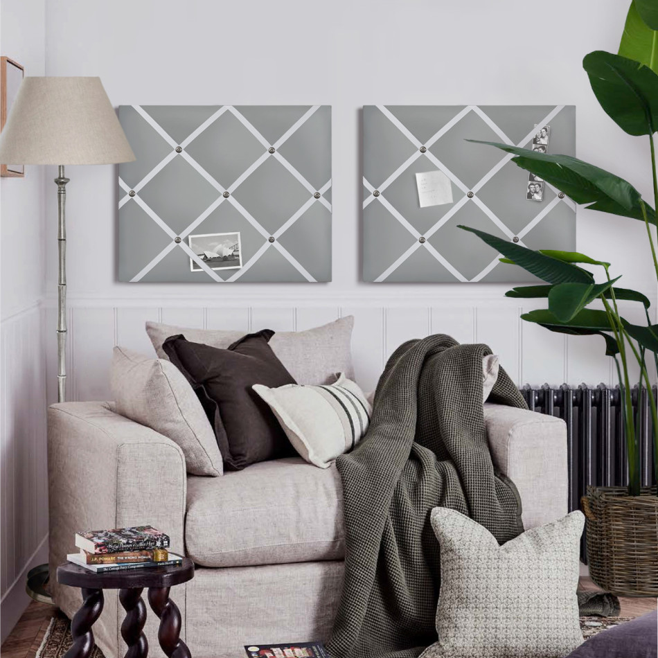 Loft grey ribbon memo board with a cool neutral fabric finish